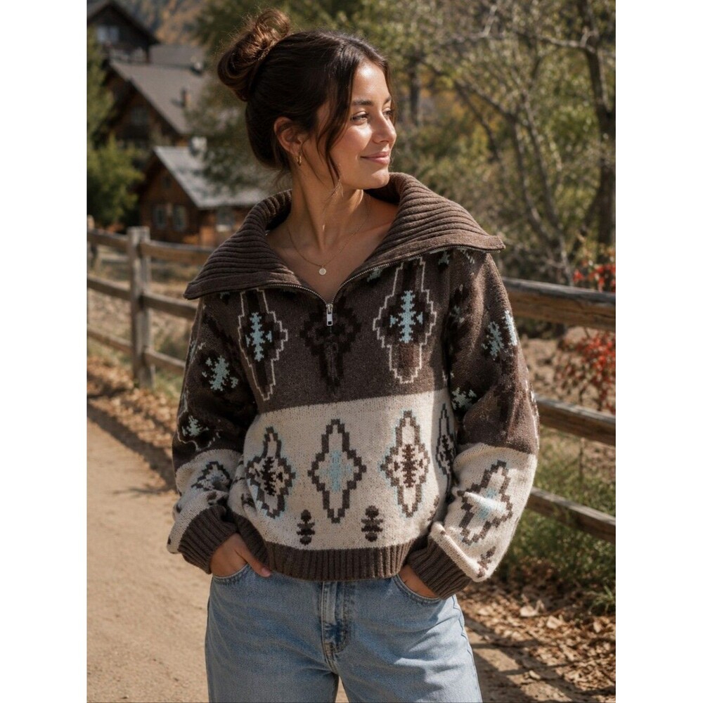 Pink Republic Southwest Pullover Sweater Large  Cabincore Mountain Warm Cozy